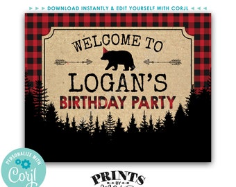 Lumberjack Birthday Party Welcome Sign, Custom Name PRINTABLE 8x10/16x20” Red and Black Checker Bday Sign <Edit Yourself with Corjl>