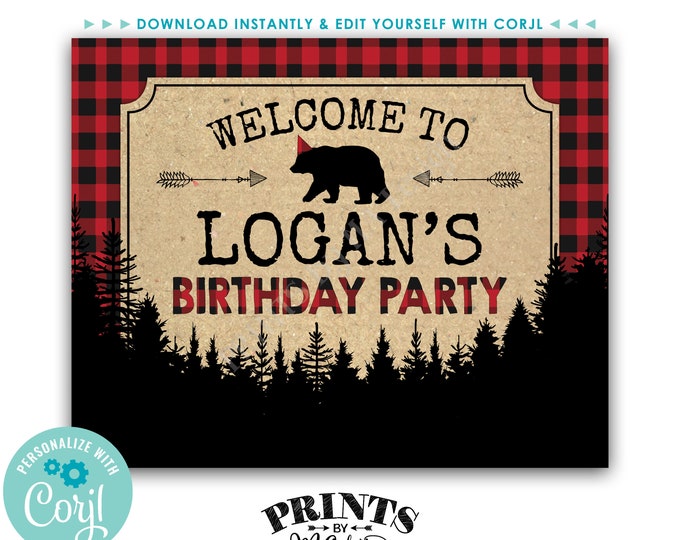 Lumberjack Birthday Party Welcome Sign, Custom Name PRINTABLE 8x10/16x20” Red and Black Checker Bday Sign <Edit Yourself with Corjl>