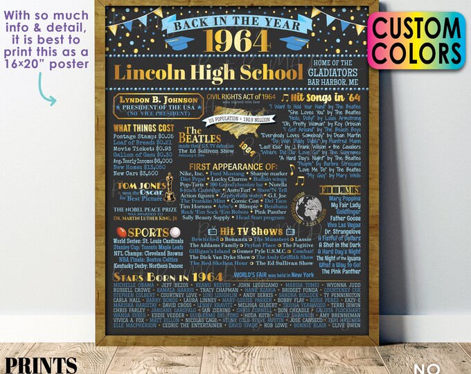 Back in the Year 1964 Poster Board, Class of 1964 Reunion Decoration, Flashback to 1964 Graduating Class, Custom PRINTABLE 16x20” Sign