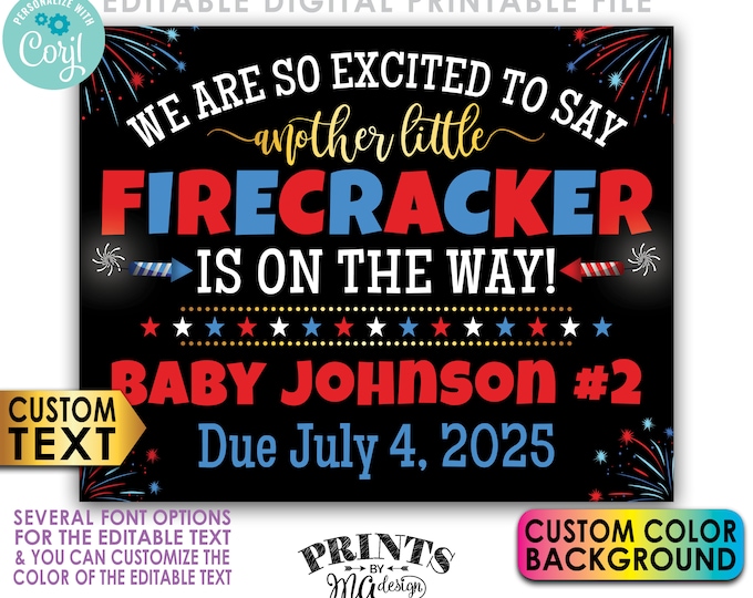 4th of July Pregnancy Announcement, Another Little Firecracker is on the Way, Custom PRINTABLE Baby Reveal Sign <Edit Yourself w/Corjl>