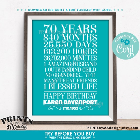 70 regalo di compleanno per una donna, 70 anni ripartiti, cartello  personalizzato PRINTABLE 8x10/16x20, sfondo colorato modifica te stesso con  Corjl -  Italia