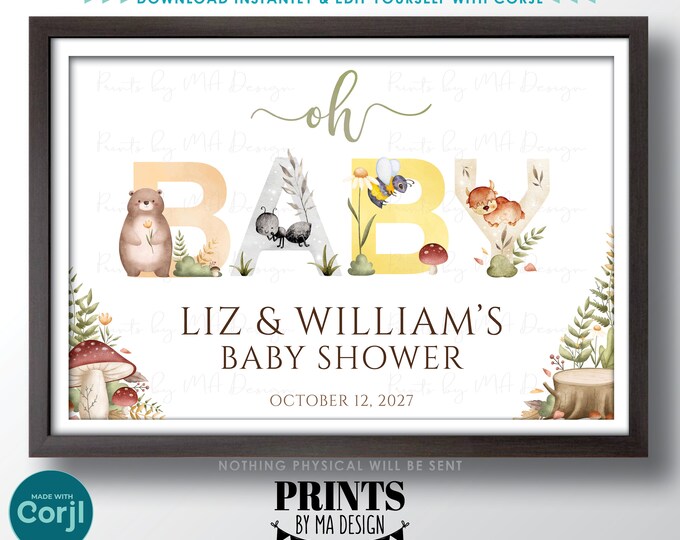 Editable Baby Shower Sign, Oh Baby, Jungle Safari Animals, Custom PRINTABLE 24x36” Watercolor Style Sign <Edit Yourself with Corjl>