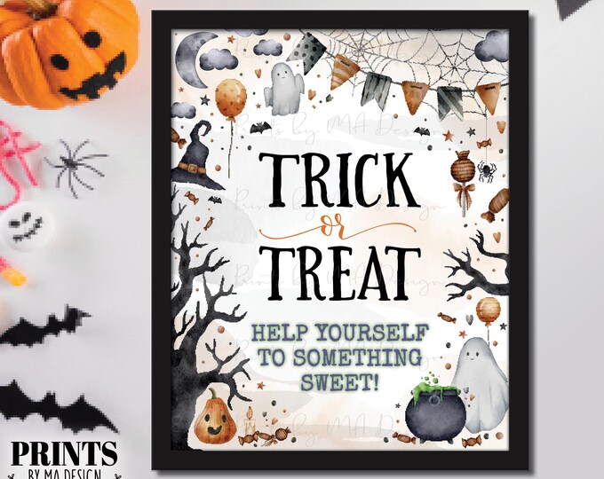 Trick or Treat Help Yourself to Something Sweet Treat Sign, Please Take Candy, Watercolor Style PRINTABLE 8x10/16x20” Halloween Sign <ID>