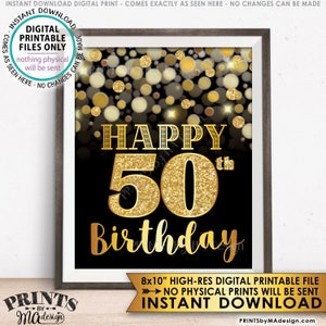 Sinal de aniversário de 50 anos, feliz aniversário, cartão de aniversário de 50 anos dourado, 50 anos, brilho preto e dourado 8 x 10 ”IMPRIMÍVEL Download instantâneo sinal de aniversário