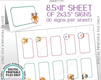 Christmas Food Labels, Christmas Table Tent Mini Menus, X-mas Party Buffet Cards, Place, Santa Rudolph Snowman, PRINTABLE 8.5x11” Sheet <ID>