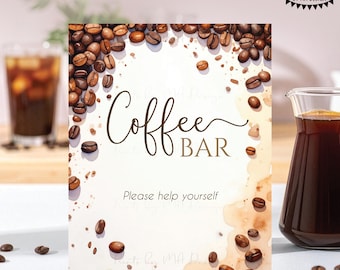 Coffee Bar Sign, Coffee Bean Border, Bridal Shower, Wedding Rehearsal Dinner, Watercolor Style PRINTABLE 8x10/16x20” Sign <ID>