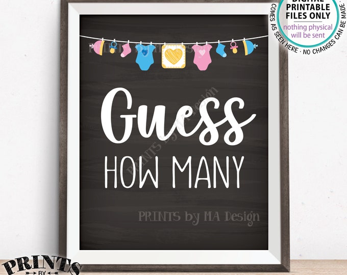 Guess How Many Sign, Guess the Number Baby Shower Game Guessing Game, Pink & Blue Clothesline, Chalkboard Style PRINTABLE 8x10” Sign <ID>