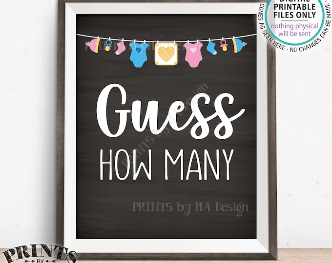 Guess How Many Sign, Guess the Number Baby Shower Game Guessing Game, Pink & Blue Clothesline, Chalkboard Style PRINTABLE 8x10” Sign <ID>