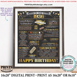 Back in the Year 1936 Birthday Sign, Flashback to 1936 Poster Board, ‘36 B-day Gift, Bday Decoration, PRINTABLE 16x20” Sign &lt;ID&gt;