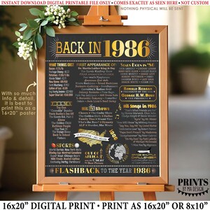 Cartel de 1986, Retrospectiva al año 1986, Recuerda 1986 Historia de EE. UU. desde 1986 Exhibición, Letrero IMPRIMIBLE de 16x20” <ID>