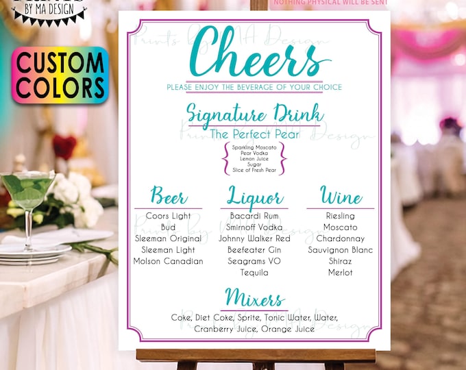 Cheers Bar Menu Sign, Alcohol Drink Selection, Custom PRINTABLE 8x10/16x20” Bar Display, 1 Signature Drink Option