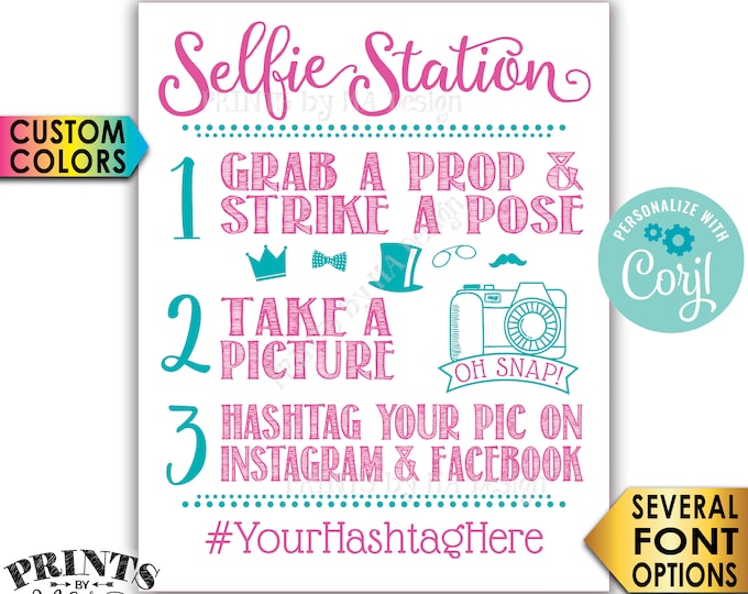 Selfie Station Sign, Share on Instagram & Facebook, Custom Colors, PRINTABLE 8x10/16x20” Hashtag Sign <Edit Yourself with Corjl>