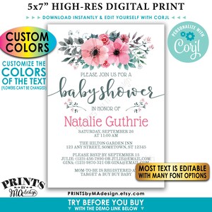 May include: A 5x7 inch high-resolution digital printable baby shower invitation with a floral design. The invitation is customizable with different colors and fonts. The text on the invitation reads "Please join us for a baby shower in honor of Natalie Guthrie, Saturday, September 26 at 11:00 am. The Hilton Garden Inn, 123 Any Street, Sometown, ST 12345. Please RSVP by September 15. Julie: (123) 456-7890 or Julie@email.com. Gina: (123) 9870-321 or Gina@email.com. Mom-to-be is registered at Target & Buy Buy Baby. Most text is editable with many font options. PrintsbyMAdesign.etsy.com. Try before you buy with the demo link below."