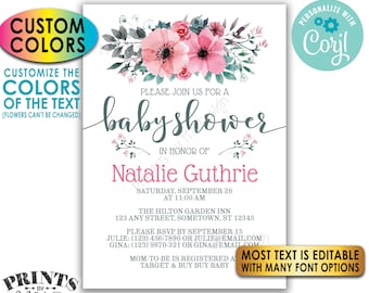 Floral Baby Shower Invitation, Pink Teal/Turquoise Gray Flowers, One Custom PRINTABLE 5x7" Watercolor Style Invite <Edit Yourself w/Corjl>