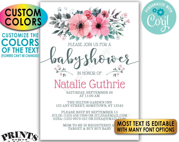 Floral Baby Shower Invitation, Pink Teal/Turquoise Gray Flowers, One Custom PRINTABLE 5x7" Watercolor Style Invite <Edit Yourself w/Corjl>