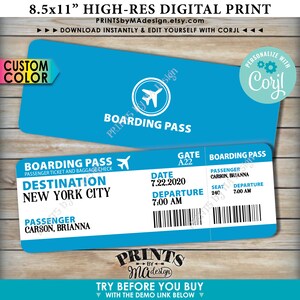 May include: A printable 8.5x11 inch high-resolution digital boarding pass template. The template is blue with white text and a small airplane icon. The text includes "Boarding Pass", "Destination: New York City", "Passenger: Carson, Brianna", "Gate: A22", "Date: 7.22.2020", "Departure: 7:00 AM", and "Seat: 24C".
