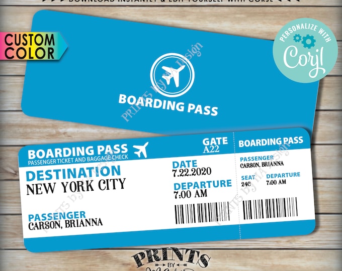 Airline Ticket Faux Boarding Pass, Surprise Vacation Announcement, Trip Gift, Custom 8.5x11" PRINTABLE file <Edit Yourself with Corjl>