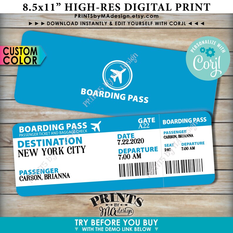 May include: A printable 8.5x11 inch high-resolution digital boarding pass template. The template is blue with white text and a small airplane icon. The text includes "Boarding Pass", "Destination: New York City", "Passenger: Carson, Brianna", "Gate: A22", "Date: 7.22.2020", "Departure: 7:00 AM", and "Seat: 24C".