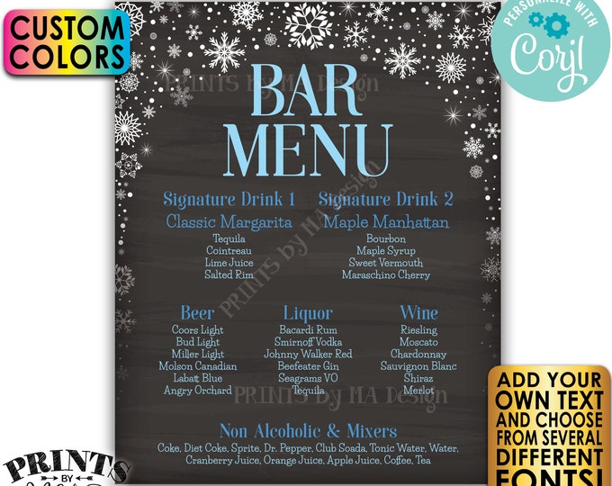 Editable Bar Menu Sign, Winter Snowflakes, PRINTABLE 8x10/16x20” Chalkboard Style Drink Menu Sign <Edit Yourself with Corjl>