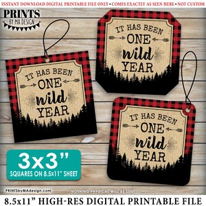 It has been One Wild Year Lumberjack First Birthday Party Decor, Red Checker Buffalo Plaid 8.5x11&quot; PRINTABLE Sheet of 3&quot; Square Cards &lt;ID&gt;