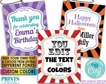 Editable Carnival Tags, Bday Party Favors, Goodie Bags, Custom Choose Text, PRINTABLE 8.5x11" Sheet of 4x5" Cards <Edit Yourself with Corjl>