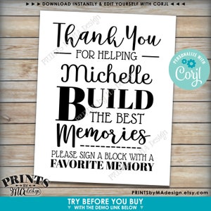 Puede incluir: Un cartel blanco imprimible con texto negro que dice "Gracias por ayudar a Michelle a construir los mejores recuerdos. Por favor, firma un bloque con un recuerdo favorito." El cartel tambi&eacute;n incluye un logotipo para Prints by Ma Design y un enlace a su tienda de Etsy.