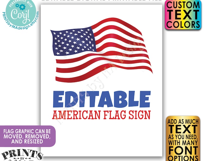 Editable American Flag Sign, 4th of July, Memorial or Labor Day, Choose Your Text, 1 PRINTABLE Portrait USA Sign <Edit Yourself w/Corjl>