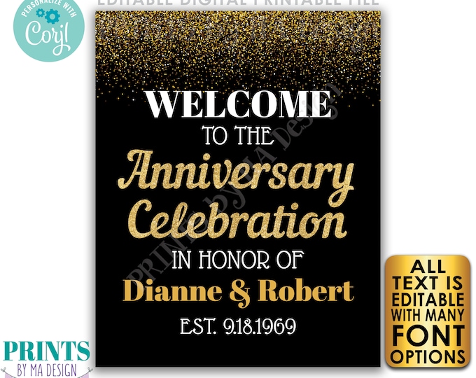 Anniversary Celebration Welcome Sign, Wedding Anniversary Gift, PRINTABLE 16x20” Black & Gold Glitter Decor <Edit Yourself with Corjl>