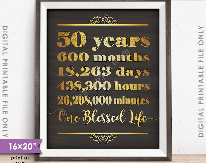 50th Anniversary Gift, 50 Years of Marriage Milestones, 50 Yrs Blessed Life, Chalkboard Style PRINTABLE 8x10/16x20” Instant Download Sign