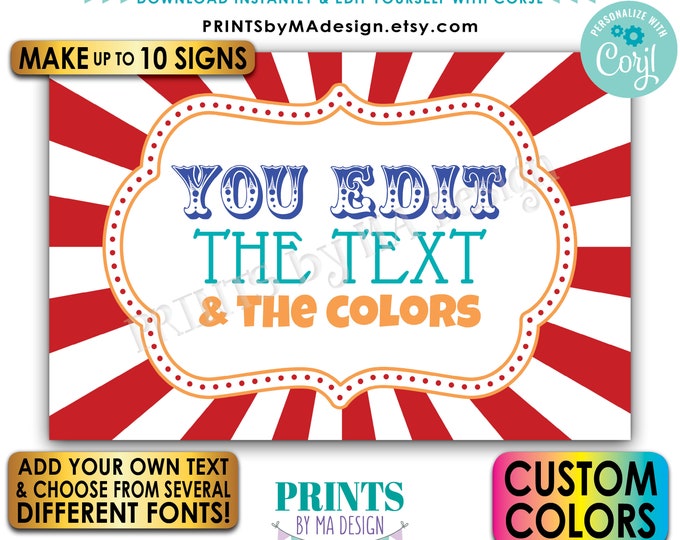 Custom Carnival Signs, Carnival Theme Party, Circus Birthday, Create up to Ten PRINTABLE 24x36” Landscape Signs <Edit Yourself with Corjl>