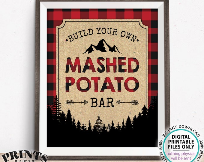 Mashed Potato Bar Sign, Build Your Own Mashed Potatoes Sign, Red Checker Buffalo Plaid, PRINTABLE 8x10" Lumberjack Style Sign <ID>