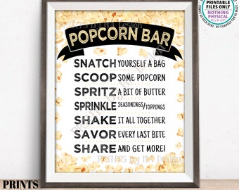 Popcorn Bar Sign, Make Your Own Popcorn Directions, Movie Theater, Movie Night Display, Black Text PRINTABLE 8x10/16x20” Sign <ID>