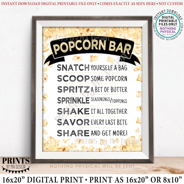 Popcorn Bar Sign, Make Your Own Popcorn Directions, Movie Theater, Movie Night Display, Black Text PRINTABLE 8x10/16x20” Sign <ID>