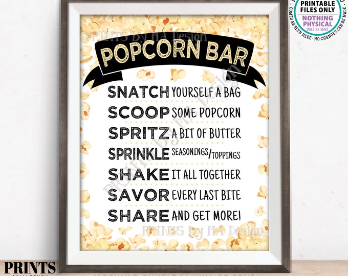 Popcorn Bar Sign, Make Your Own Popcorn Directions, Movie Theater, Movie Night Display, Black Text PRINTABLE 8x10/16x20” Sign <ID>