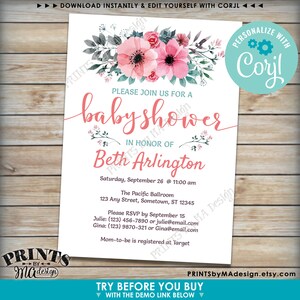 May include: A pink and green floral baby shower invitation with the text "Please join us for a baby shower in honor of Beth Arlington" and details for the event. The invitation also includes the text "Personalize with Corjl" and "Prints by MAdesign.etsy.com".