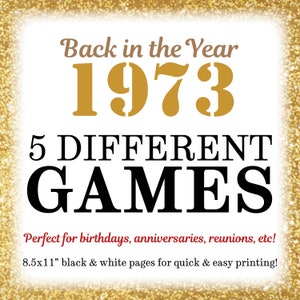 1973 Party Games, Terug in het jaar 1973 Trivia, Flashback naar '73 Games Bundle, Verjaardag of Verjaardag, Vijf AFDRUKBARE 8.5x11" Games <ID>