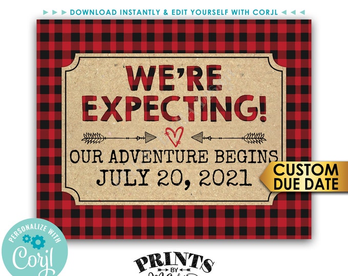 Lumberjack Pregnancy Announcement Sign, We're Expecting, Our Adventure Begins, PRINTABLE Baby Reveal Sign <Edit Yourself with Corjl>