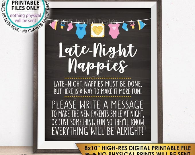 Late Night Nappy Sign Late-Night Nappies Sign the Nappy Thoughts, Gender Neutral PRINTABLE 8x10” Chalkboard Style Baby Shower Game Sign <ID>