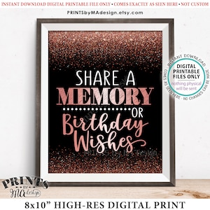 Share a Memory or Birthday Wishes Sign, Birthday Wish, Memories Sign, Birthday Party Decor, PRINTABLE Black & Rose Gold Glitter 8x10" Sign