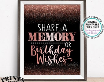 Share a Memory or Birthday Wishes Sign, Birthday Wish, Memories Sign, Birthday Party Decor, PRINTABLE Black & Rose Gold Glitter 8x10" Sign