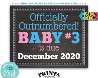 Baby #3 Pregnancy Announcement, Officially Outnumbered, PRINTABLE 8x10/16x20” Baby Number 3 Reveal Sign <Edit Yourself with Corjl>
