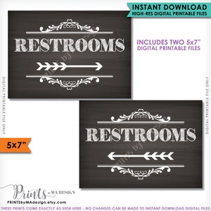 Restroom Sign Directions, Arrows Point to Restrooms Directions to Bathrooms, Two PRINTABLE 5x7” Chalkboard Style Signs <ID>