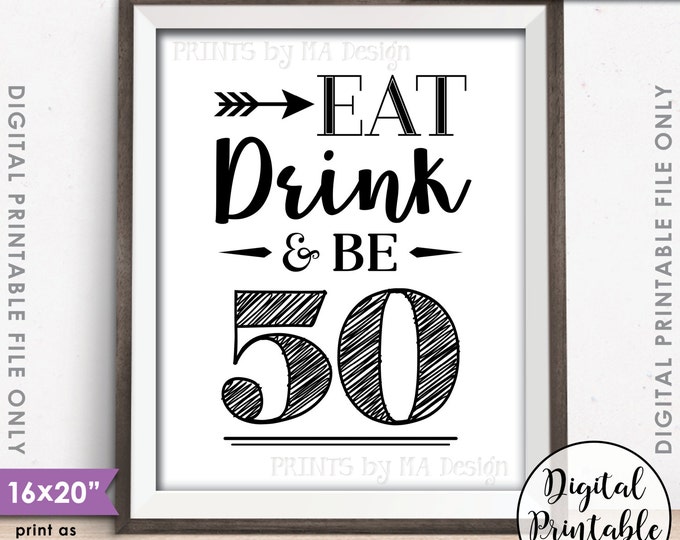 Eat Drink & Be 50, Fiftieth Birthday Sign, Cheers to Fifty Years 50th Birthday Party Decor, Instant Download 8x10/16x20” Printable Poster