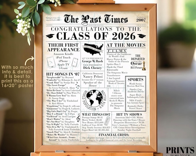 Class of 2026 Fun Facts, Back in the year 2007 Newspaper, Born in 2007 Flashback, PRINTABLE 16x20” Sign, Graduation Party Decoration <ID>