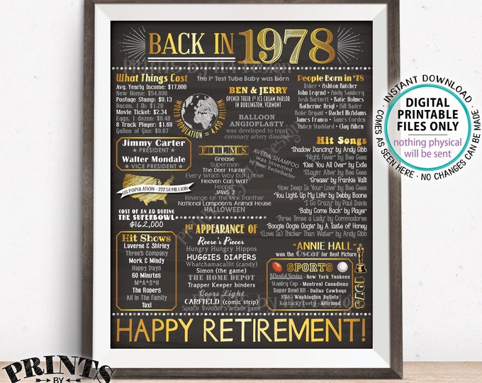 Retirement Party Decorations, Back in 1978 Poster, Flashback to 1978 Retirement Party Decor, PRINTABLE 16x20” Sign <ID>