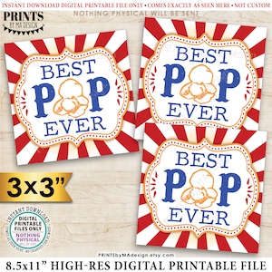 Best Pop Ever Popcorn Tags, Carnaval Fête des Pères Gift Cards Popcorn Favors, Circus, Dad Grandpa, 3x3" cards on 8.5x11" PRINTABLE Sheet <ID>
