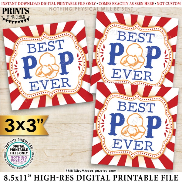 Best Pop Ever Popcorn Tags, Carnival Father's Day Gift Cards Popcorn Favors, Circus, Dad Grandpa, 3x3" cards on 8.5x11" PRINTABLE Sheet <ID>