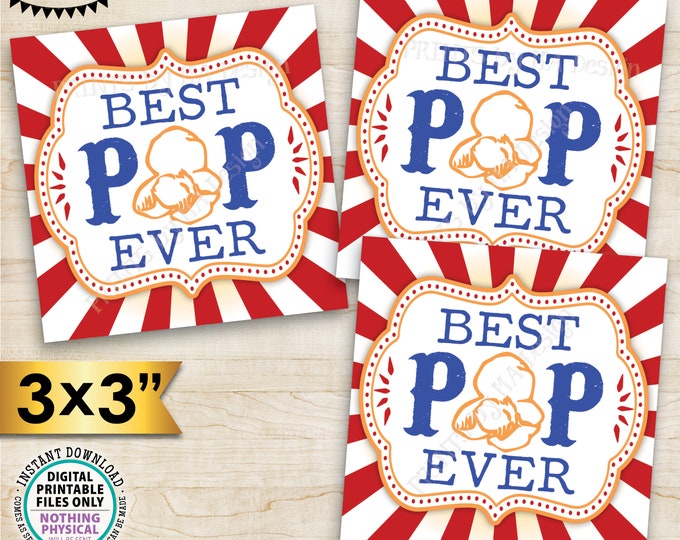 Best Pop Ever Popcorn Tags, Carnival Father's Day Gift Cards Popcorn Favors, Circus, Dad Grandpa, 3x3" cards on 8.5x11" PRINTABLE Sheet <ID>