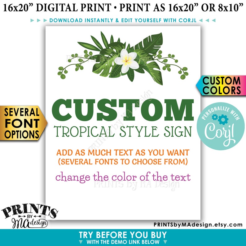 Custom Tropical Sign, Choose Your Text, Botanical Caribbean Greenery, PRINTABLE 8x10/16x20 Portrait Sign Edit Yourself with Corjl image 1