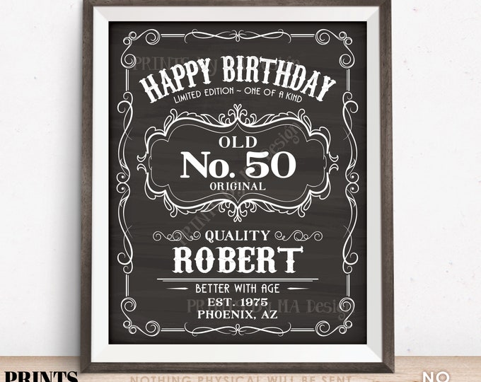 Happy Birthday Sign, Vintage Whiskey Themed Birthday, Liquor Themed Birthday Poster, PRINTABLE 8x10/16x20” Chalkboard Style Sign